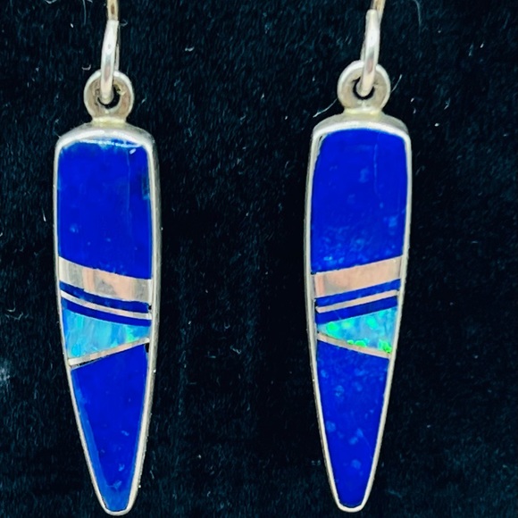 Lapis & Opal Sterling Silver Earrings - Navajo Silversmith Kenneth Bitsie 4.6 g - Picture 3 of 5